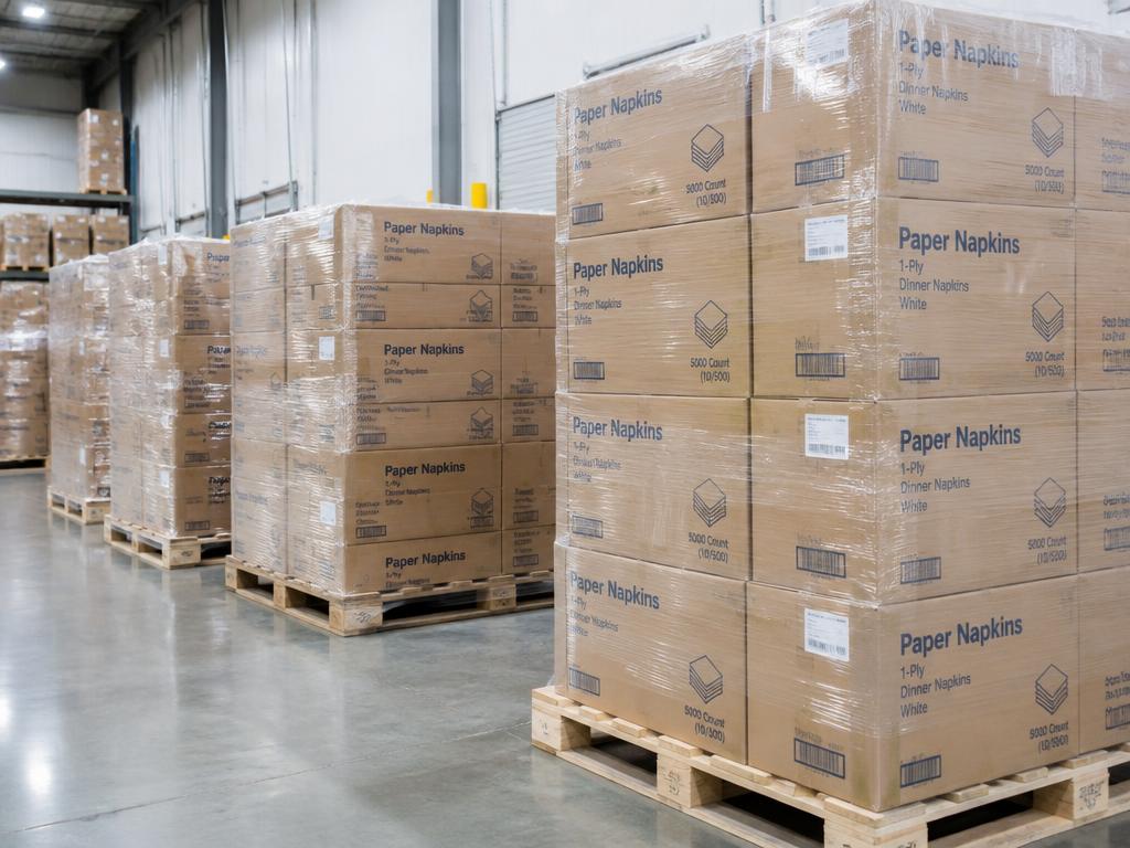 Palletized cases of packaged paper napkins